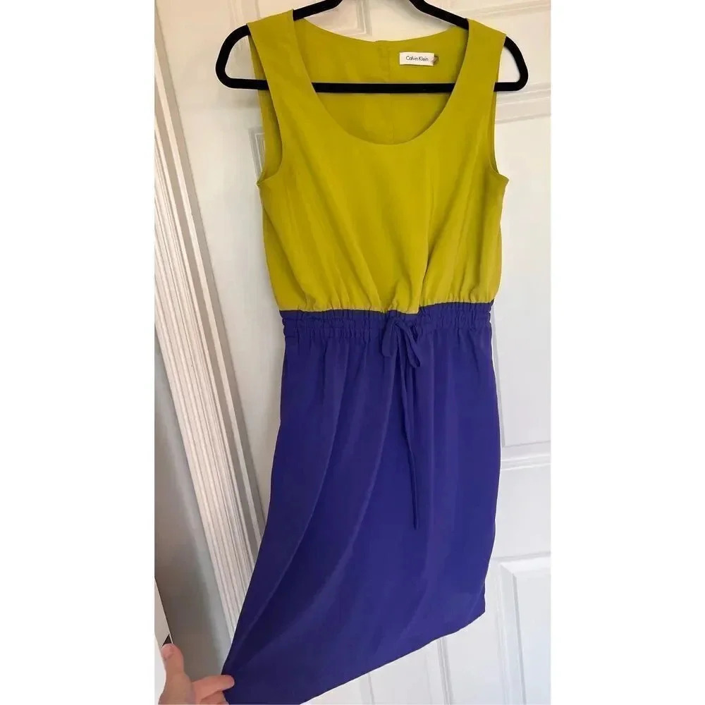 Calvin Klein Women’s Size 8 Blue Yellow Wrap Tie Mini‎ Dress Sleeveless